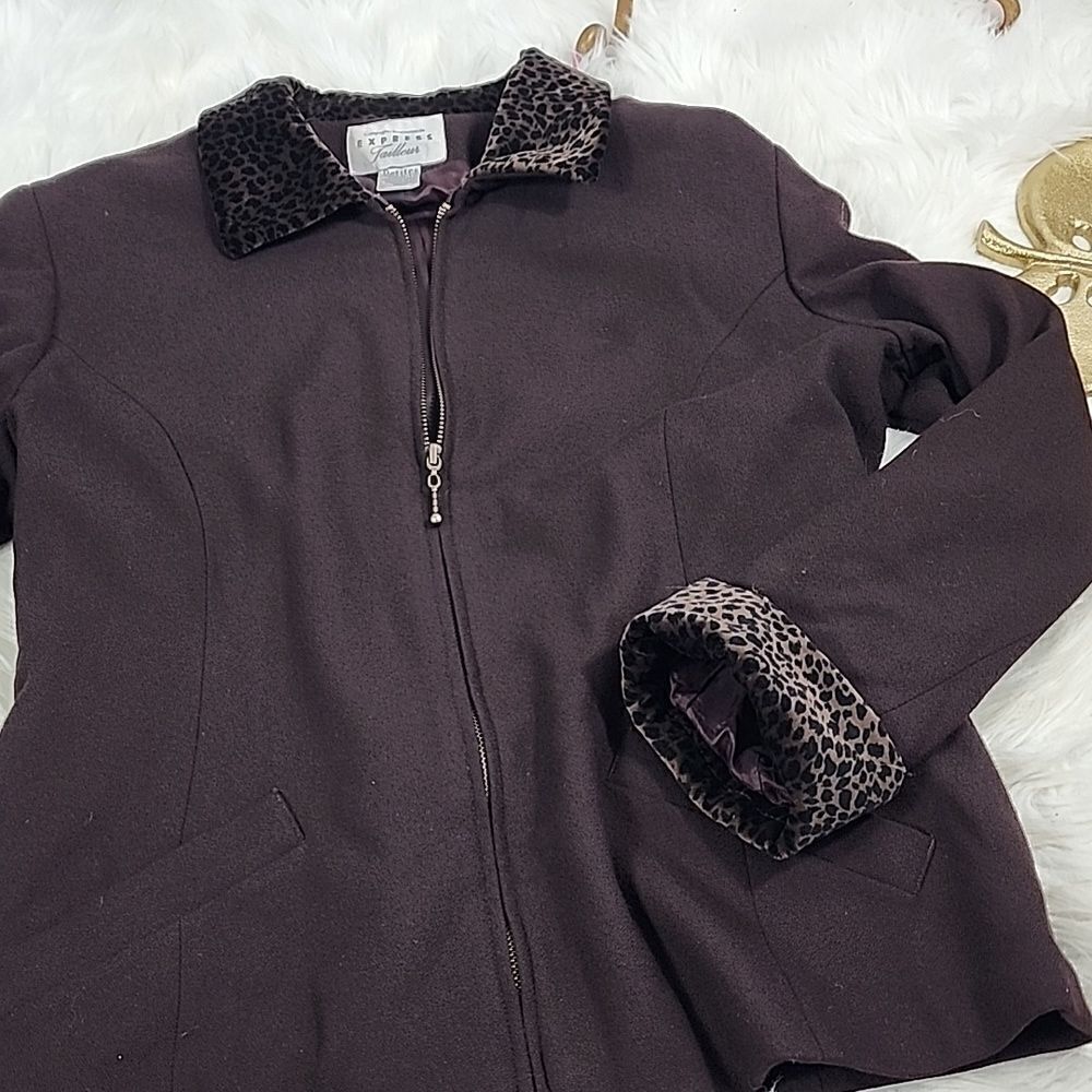 Wool Blend Vintage Express Dressy Tailleur Wool Blend Animal Print Detail Jacket